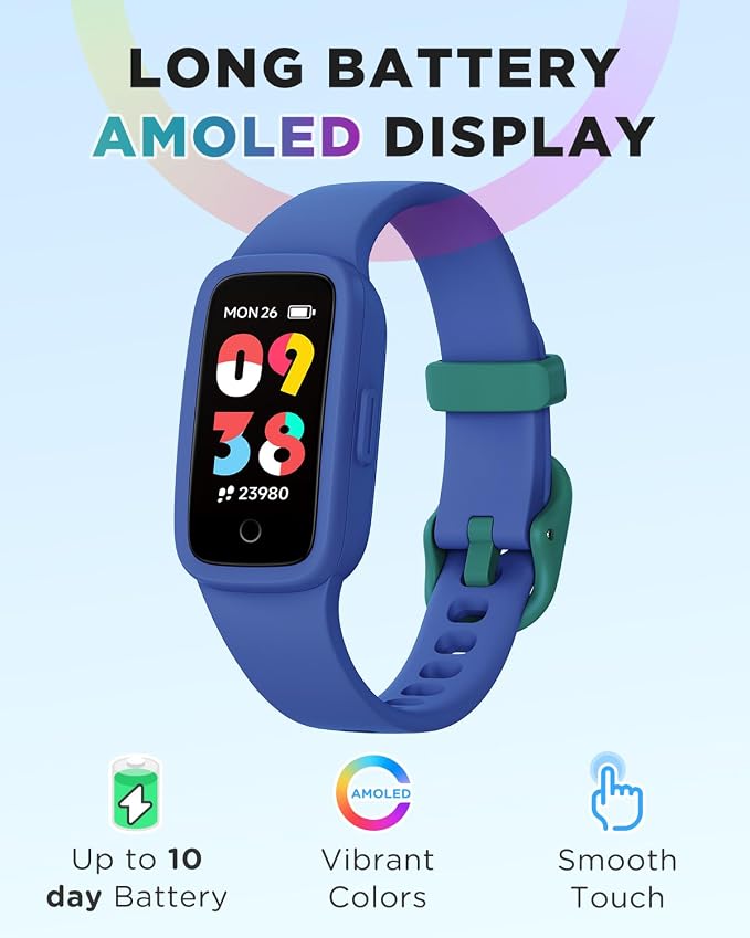 BIGGERFIVE Vigor 3 Kids Fitness Tracker Watch, AMOLED Screen, No App No Phone Needed, 3ATM Waterproof, Heart Rate and Sleep Monitor, Pedometer Watch, Sports Step Counter for Boys Girls Ages 5-15, Blue