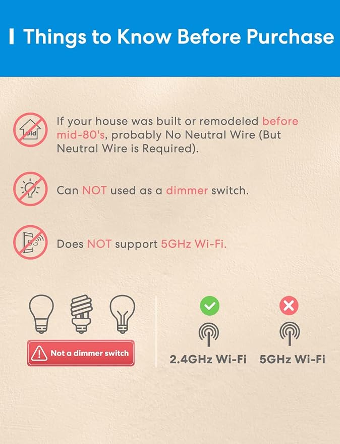 meross 3-Way Smart Switch 1 Pack, Neutral Wire Required, Compatible with Apple HomeKit, Alexa, Hey Google and SmartThings, Single Pole & 3 Way, 2.4GHz Wi-Fi, Remote and Voice Control, No Hub Required