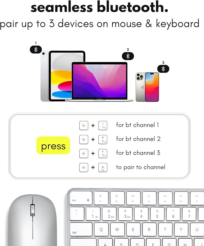 Macally Apple Wireless Keyboard and Mouse for Mac - Dual Mode (Bluetooth + Wired) - Multi-Device, Rechargeable - Mini Wireless Keyboard and Mouse Combo for MacBook, iPad, Mac mini/Air/Pro (Silver)