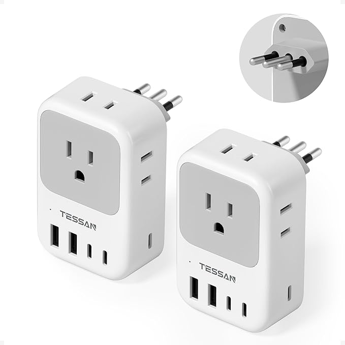 Italy Travel Plug Adapter 28W, TESSAN Italy Power Adapter with 4 Outlets 5 USB Ports (3 USB-C), Type L Outlet Adaptor for US to Italy Italian Chile Rome Uruguay Venice Libya Syria Tunisia, 2 Packs