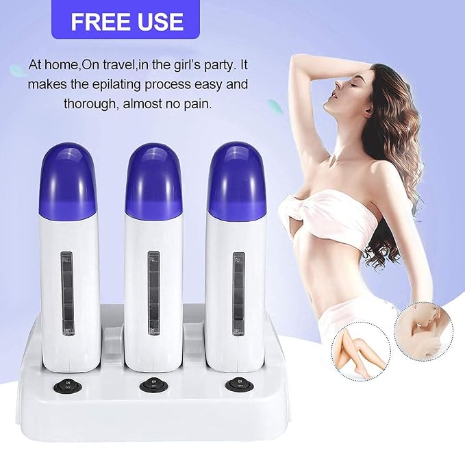 Portable Triple Depilatory Roll on Wax Warmer with Heater Base for Women Men Hair leg,Armpit,Bikini