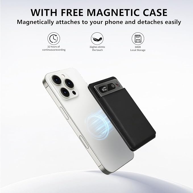 AI Voice Recorder, Transcription, Summary, Mind Map with AI Technology Support 128 Languages, 64GB Magnetic Case Audio Recorder for Lectures, Meetings, Calls