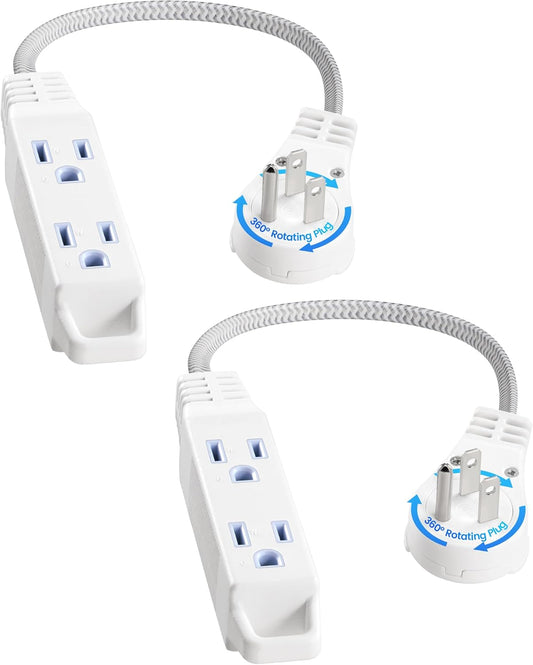 SURAIELEC 1FT Extension Cord, 360° Rotating Flat Plug Extension Cord Flat Wall Plug with 3 Outlets, White Braided Flat Cord for Indoor Use, Compact Areas, 16/3C SPT, ETL Listed, 2 Pack