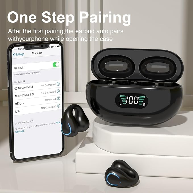 Open Ear Bone Conduction Headphones Bluetooth 5.3 Wireless Clip On Earbuds with Digital Display Charging Case 60 Hours Playtime Sport Earphones Built-in Mic IPX7Waterproof for Running Fitness Exercise