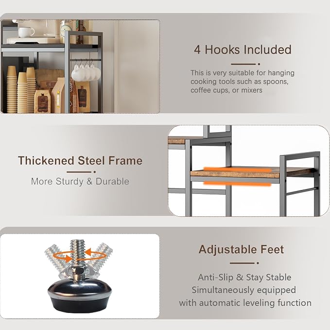 COCOLUCKY 6-Tier Mini Fridge Stand with Storage Shelf.Asymmetric 2-in-1 Design:Wide Side for Fridge+Microwave,Narrow Side for Spices & Utensils,Coffee Bar,Baker Rack for Dorm Kitchen,Vintage Brown