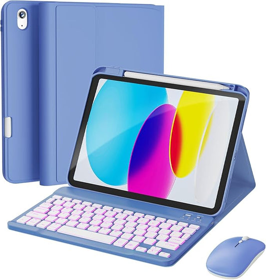 RAYMCRAFT for iPad 11th (A16, 2025) / 10th Generation Case with Keyboard, Mouse and Detachable Wireless Keyboard, 7-Color Backlight, Slim Case with Pencil Holder, Lavender