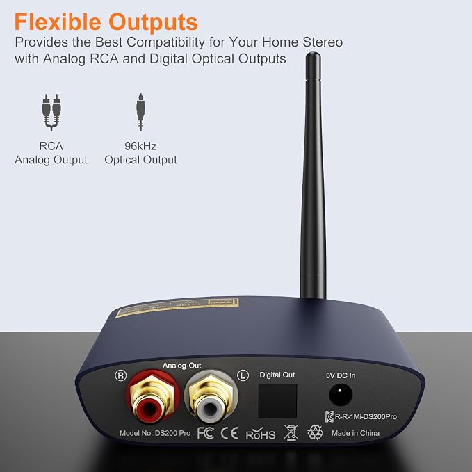 1Mii DS200Pro HiFi Bluetooth 5.3 Receiver with LDAC & Audiophile DAC, aptX HD Low Latency Wireless Audio Adapter, Long Range, RCA/Optical Output for Home Stereo/Amplifier/AV Receiver – Blue