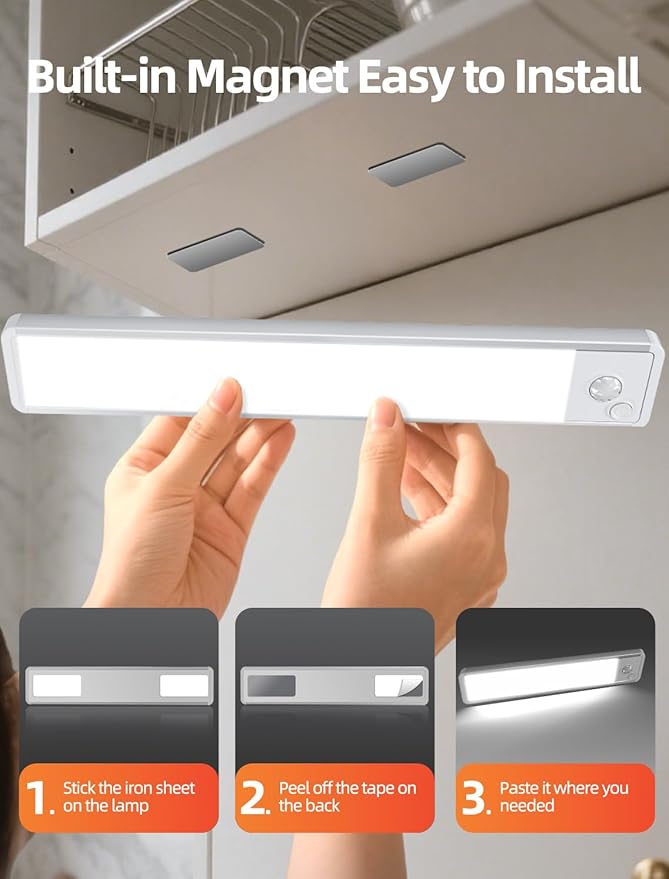 Under Cabinet Rechargeable Lighting: 8 Inch Motion Sensor Dimmable Lights Indoor - Battery Operated Lights - Wireless Closet Light Magnetic Led Light for Kitchen Home Bathroom Counter 4 Pack