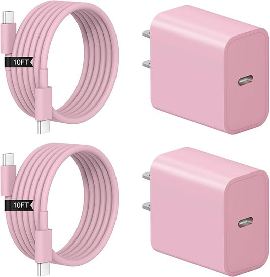 iPhone 17 16 15 Charger Fast Charging 2+2Pack 20W USB C Wall Charger with 10FT Fast Charging Cable Compatible with iPhone 17/17 Air/17 Pro/17 Pro Max/iPhone 16/15 Series, iPad Pro/AirPods-Pink