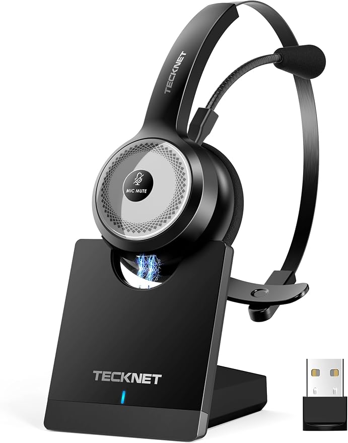TECKNET Wireless Headset for Work, 45Hrs Worktime AI Noise Cancelling Computer Headphones with Charging Base, Bluetooth Headset with Mic & USB Dongle for PC/Laptop/Call Center