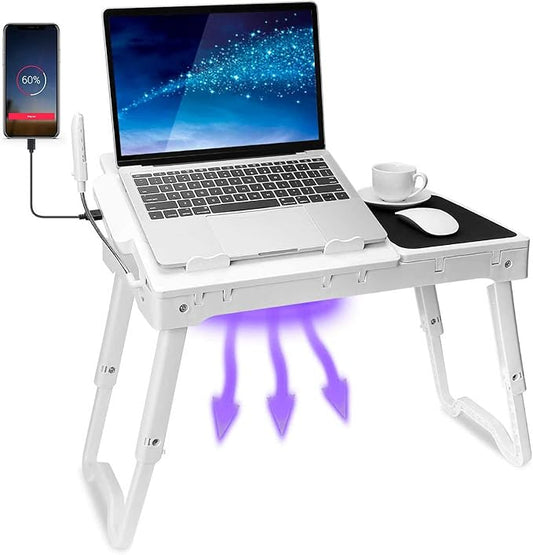 TeqHome Laptop Table for Bed, Adjustable Laptop Bed Desk with Fan, 4 USB Ports, Portable Lap Desk with Foldable Legs, Laptops Stand for Couch Sofa Bed Tray with LED Light, Storage, Mouse Pad - White