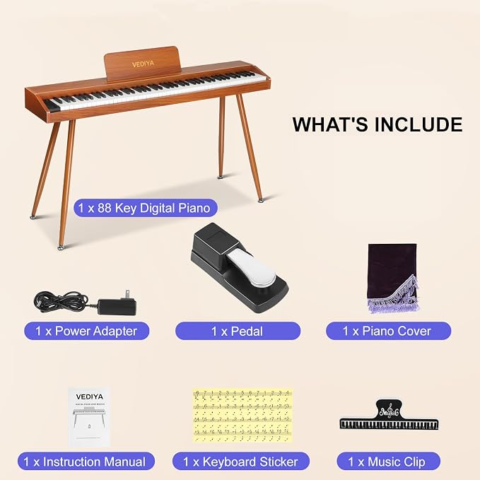 Digital Piano Keyboard 88 key,Semi-Weighted Electric Piano,Full Size Acoustic Piano for Beginners with Pedal, USB-MIDI Compatibility (Brown)