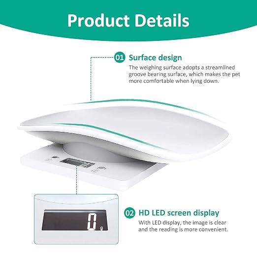 Digital Pet Scale, Small Animal Scale with Tape Measure, Kitchen Food Scale, Weighing Max 33lbs, Size 12"x8", LCE Electronic Weight Scale Only for Newborn Kitten, Puppy, Hamster, Little Bird (White)