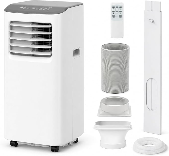8000 BTU Portable Air Conditioners with Cooling, Dehumidifying, and Fan Functions, White Body with Cool Grey Top Cover, Perfect for Rooms Up to 350 Sq Ft, Quiet Mode, Energy-Saving 24-Hour Timer