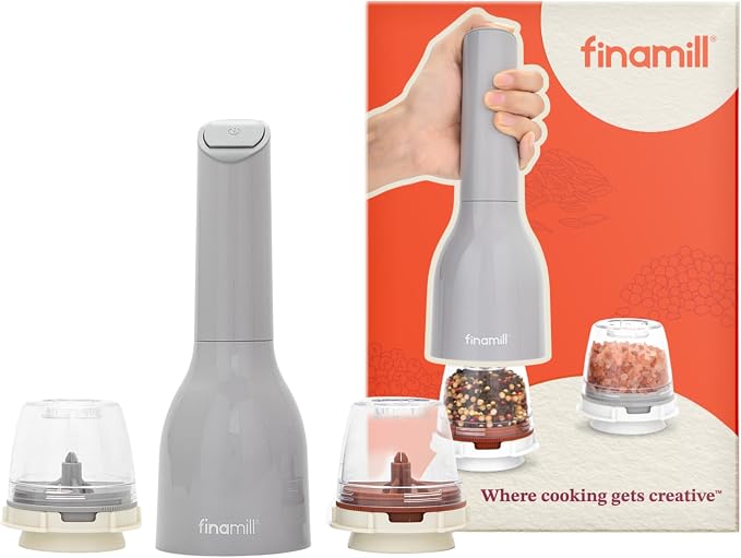 FinaMill Classic Battery Spice Mill – Battery Operated Salt and Pepper Grinder Set, Includes 2 Interchangeable Spice Pods, Adjustable Coarseness, LED Light, Home and Kitchen Gift Set for Father's Day