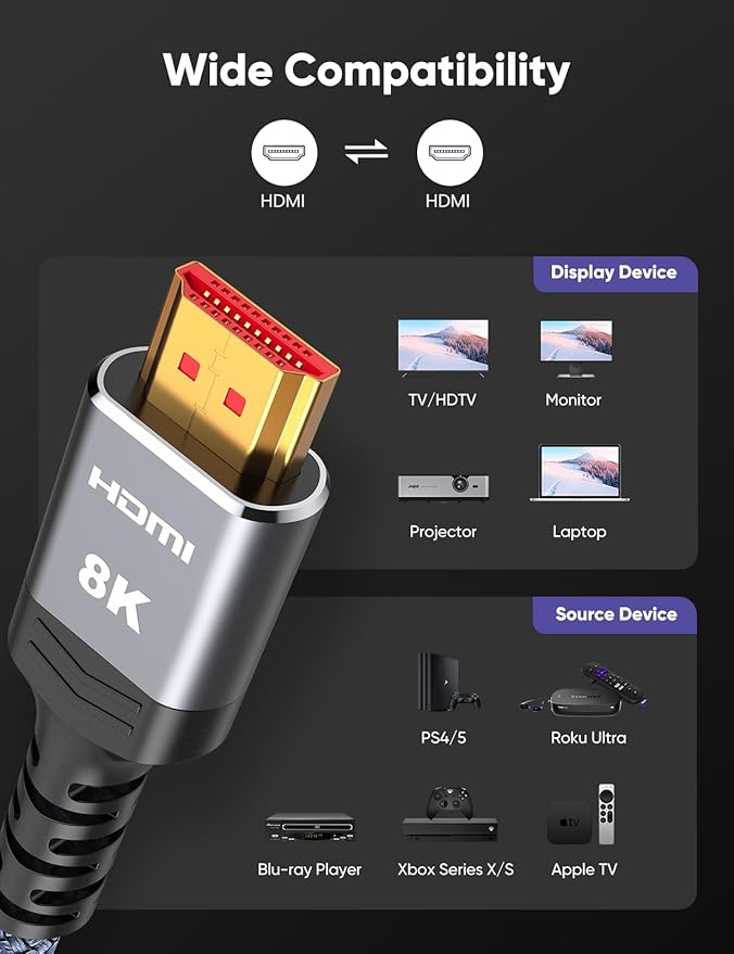 Highwings 8K HDMI 2.1 Cable 15FT 2-Pack, Slim Ultra High Speed HDMI Braided Cord-48Gbps,4K@120Hz 8K@60Hz, HDCP 2.2&2.3, Dynamic HDR,eARC,DTS:X,RTX 3090,Compatible with Roku TV/HDTV/PS5/Blu-ray