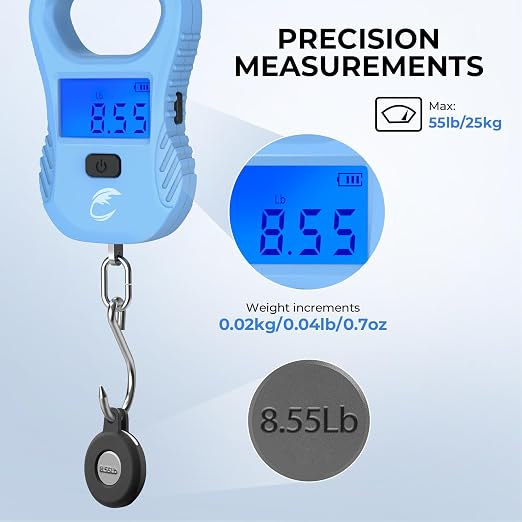 Calamus Lightweight Fish Scale – Rechargeable Digital Scale with USB Cable, 55lb Capacity, Multi-Units Pound/Ounces & Kilograms, High Accuracy, Backlight LCD Display, Fishing Gifts for Men