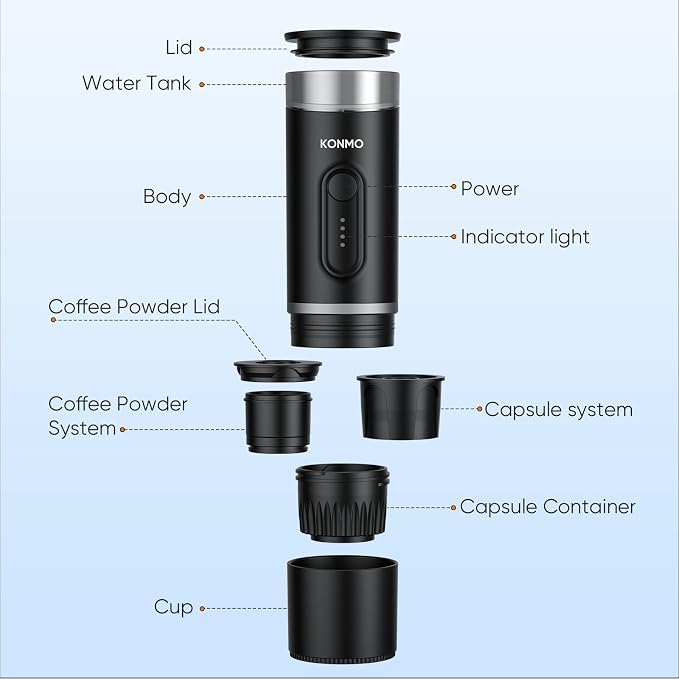 Portable Espresso Machine, Self-Heating, 15 Bar, Type-C Rechargeable, Works with Capsules & Ground Coffee, Coffee Maker for Camping, Hiking, Outdoor Travel, Car and RV, Business Trips