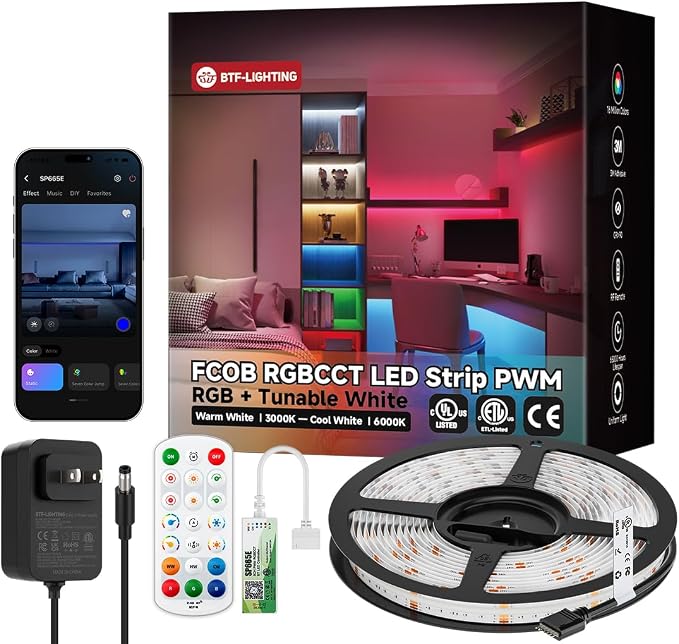 BTF-LIGHTING FCOB COB RGBCCT Color Changing LED Strip Kit,UL Listed RGB+Tunable White 3000K-6000K 16.4FT DC24V Flexible High Density LED Light Bluetooth Music Controller for Bedroom Home Indoor Decor