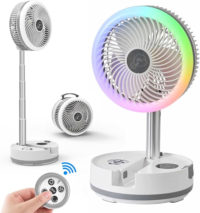 Foldable Oscillating Camping Fan with Remote, 10" USB C Rechargeable 40000mah Battery with LED Colorful Lights, Portable Floor Fan for Bedroom Office Camping