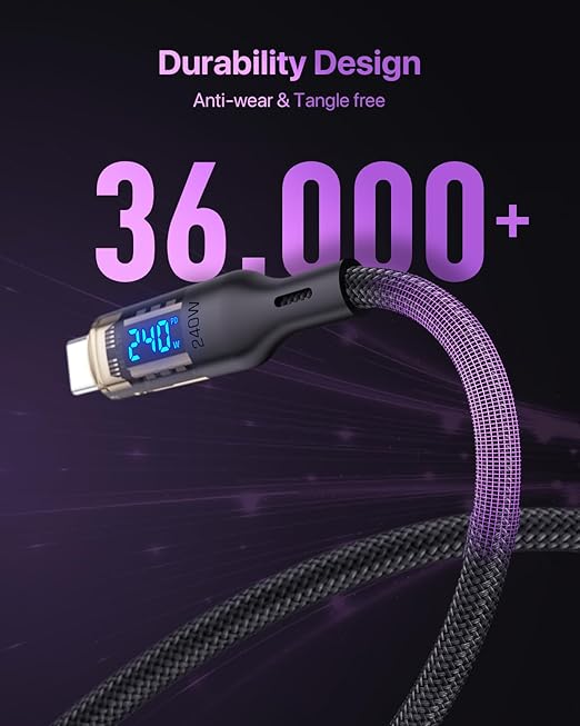 240W USB C to USB C Transparent Cable with LED Display Compatible with 140W 100W Fast Charging for MacBook Pro,lPhone 16/15/15Pro/15ProMax,Galaxy S23+/S23Ultra/S22,10ft,Black