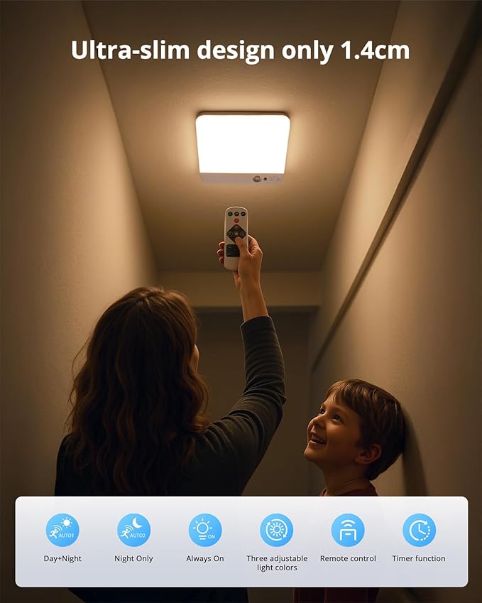 Combuh Battery Operated Ceiling Light, Rechargeable Motion Sensor Lighting with Remote, 3 Colors Waterproof Magnetic Cordless Lamp for Closet, Shower, Pantry, Garage, Hallway, 7.87Inch, Square