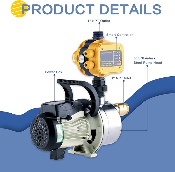 TDRSUPER 1/2 HP Water Pressure Booster Pump with Smart Controller, 845GPH, 110V, Stainless Steel Well Pump, Automatic Water Transfer Jet Pump for Home, Garden, Lawn, Irrigation