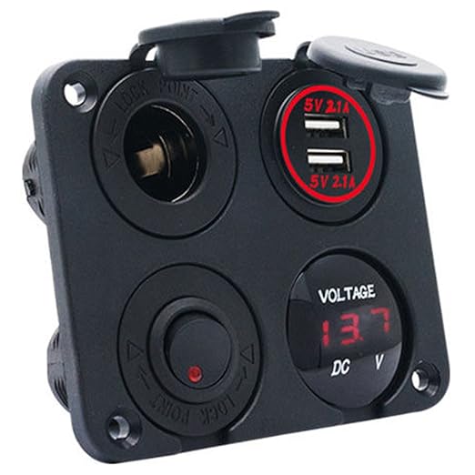 MASO Dual USB Socket Charger 2.1A&2.1A + LED Voltmeter + 12V Power Outlet + ON-OFF Toggle Switch 4 in 1 Multi-function Panel for Truck Trailer Camper Motorhome Marine Car Boat Mobiles (Red)