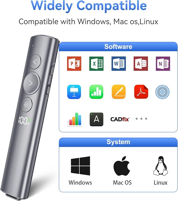 Rechargeable Presentation Clicker with Red Laser Pointer for PowerPoint, Power Display Wireless Presenter Remote with USB-A & USB-C Dongle, Slide Advancer for Mac, Windows, Laptop, Classroom, Office