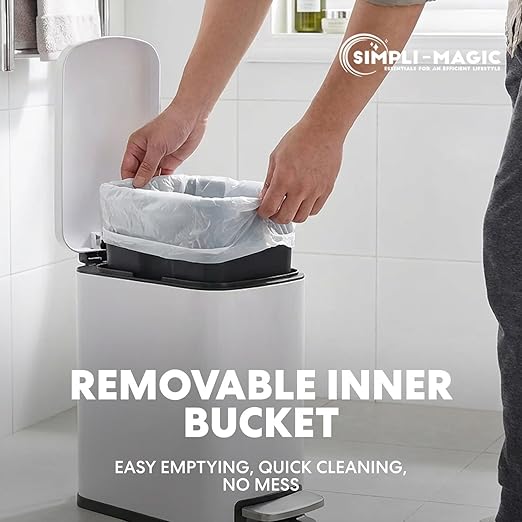 SIMPLI-Magic 6L/1.6G Stainless Steel Bathroom Trash Can with Hands-Free Foot Pedal, Quiet Soft-Close Lid, Compact Space-Saving Size