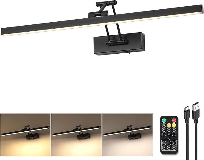 LED Battery Operated Picture Lights with Remote Wireless Art Lighting for Wall 23.6 Inch Rechargeable Painting Black Frame Light Dimmable 3CCT Gallery Light for Library Portrait