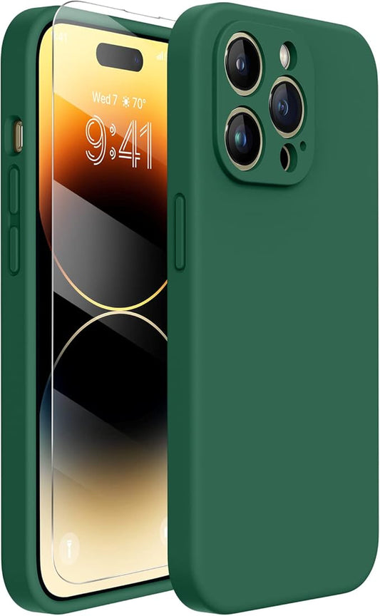 Miracase Designed for iPhone 14 Pro Case with Screen Protector, [Upgraded Camera Protection], Shockproof Liquid Silicone Rubber Phone Case Cover for 14 Pro 6.1 inch, Alpine Green