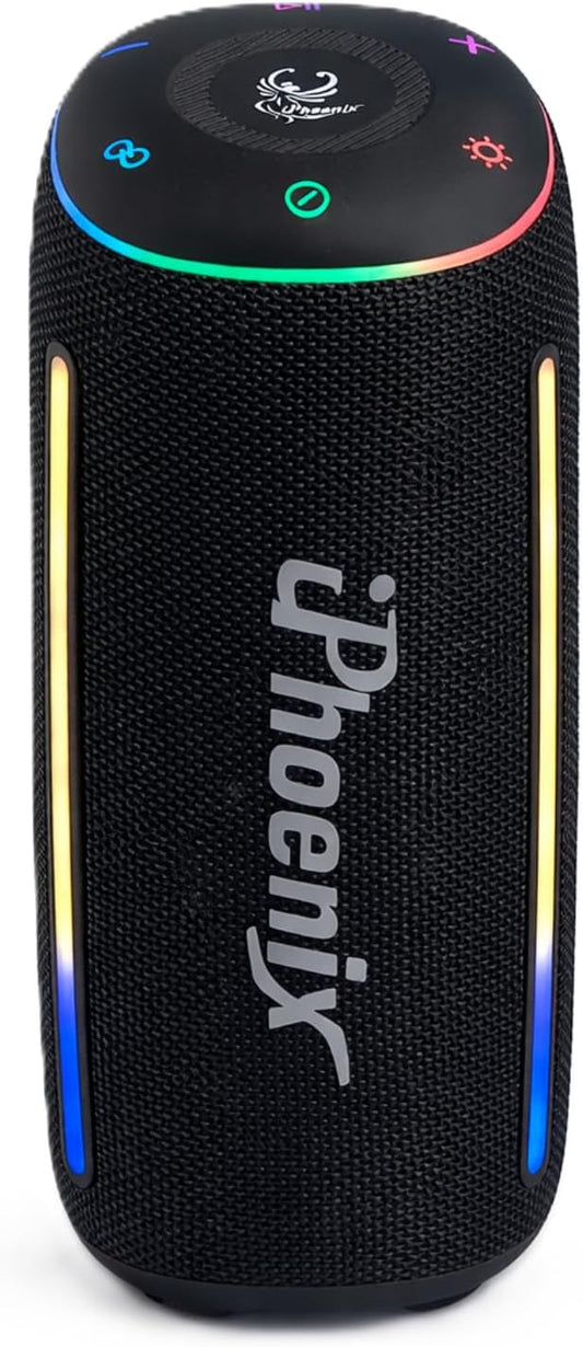 IP860 Portable Bluetooth Speaker, Stereo Sound & Deep Bass, IPX6 Waterproof, Dynamic RGB Lights, Bluetooth 5 Wireless Pairing, 12H Playtime, TF/USB/AUX/FM, Black