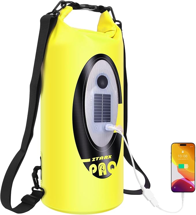 FELICON Waterproof Dry Bag Backpack with Bluetooth Speaker, 10L Roll Top Floating Sack, Solar & USB-C Powered Emergency Charger, RGB Light, Heavy Duty PVC for Kayaking Camping, Neon Yellow