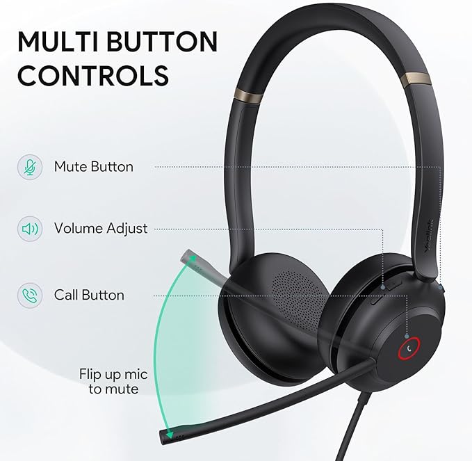 Yealink UH37 USB Headset with Mic,Wired Headset with Noise Cancelling Microphone for Computer PC Laptop VoIP Phone,USB-C/A Cable,Works with Zoom and Other Leading UC Platforms