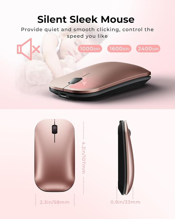 seenda Wireless Bluetooth Keyboard and Mouse Combo, SKM64-3 Rechargeable Slim Quiet Keyboard Mouse, 3 Multi-Device Connection, Compatible for Windows 11/10 PC Laptop Mac MacBook iPad, Black Rose Gold