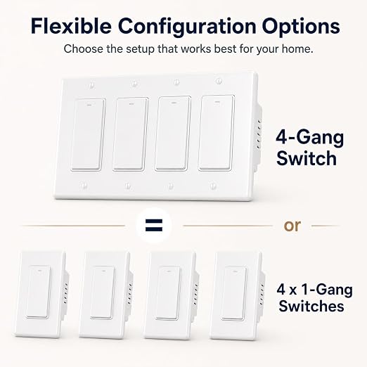 Smart Switch 4 Way, Neutral Wire Required, 2.4GHz Wi-Fi Light Switch Compatible with Alexa and Google Home, UL Certified