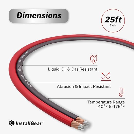 InstallGear 4 Gauge Battery Cable - 25ft Pure Copper OFC Cable, Flexible Power and Ground Wire for Car Audio, Speaker, RV Trailer, Amp, and Battery Wiring - Durable and Heat Resistant Jacket