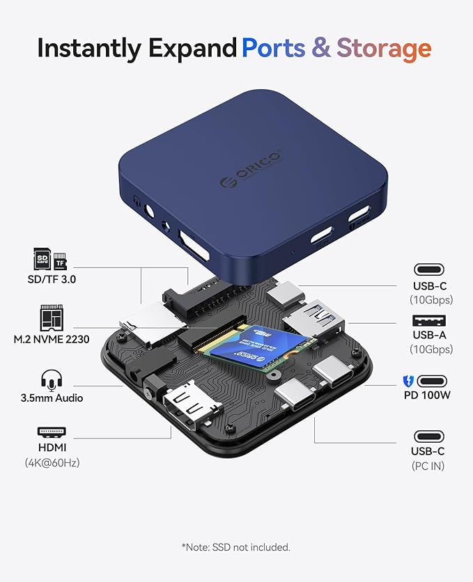 ORICO 10Gbps Magnetic M.2 Docking Station, 8-in-1 USB C HUB & M.2 2230 NVMe Enclosure with HDMI 4K@60Hz,SD/TF, USB-A&C 3.2, 100W PD, AUX, USBC Dock for iPhone 17/16/15 Pro/Pro Max