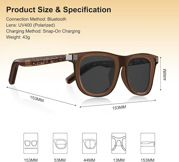 Smart Glasses for Men Women, Open-Ear Audio Bluetooth Glasses, Auto On/Off Sensor, Built-in Mic & Speakers, Voice Assistant, UV Protection Polarized Smart Sunglasses for Outdoor - Brown