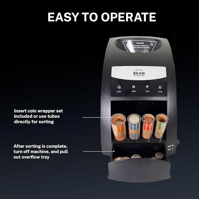 Electric Coin Sorter, 1 Row with Value Counting, Patented Anti-Jam Technology