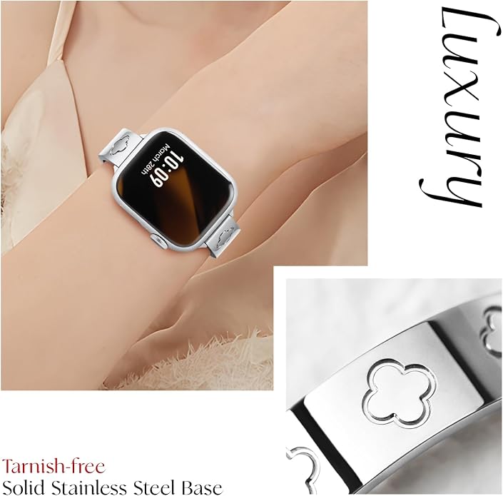 Missair Compatible with Apple Watch Band 38mm 40mm 41mm 42mm 44mm 45mm 46mm 49mm, Four Leaf Lucky Bracelet Women Dressy Stainless Steel Metal Clover Strap for iWatch Series 11 10 9 8 7 6 5 4 SE Ultra