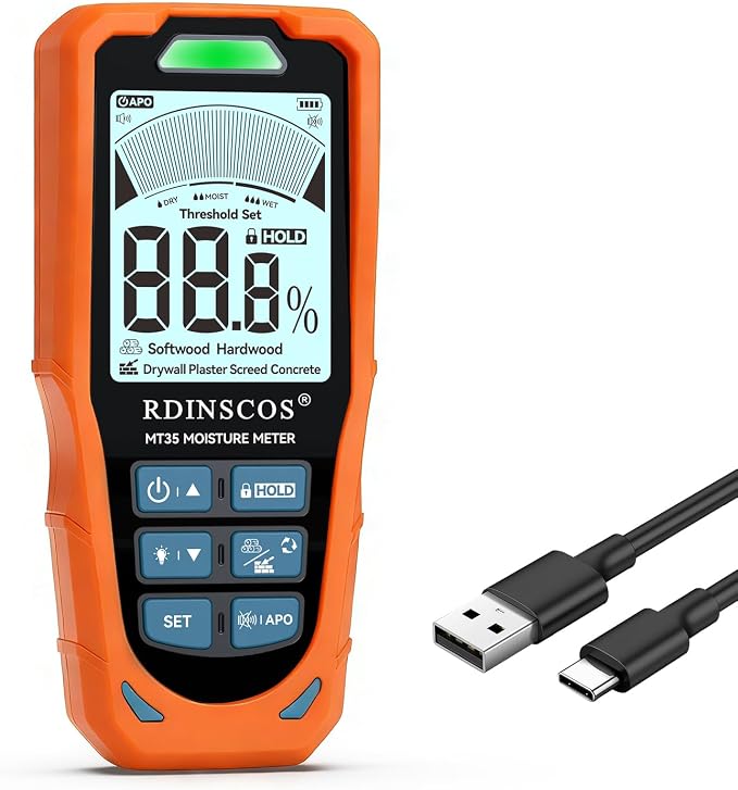 Pinless Moisture Meter for Walls and Wood | Non-Destructive, For Drywall, Concrete & Flooring, Rechargeable, Digital Moisture Tester