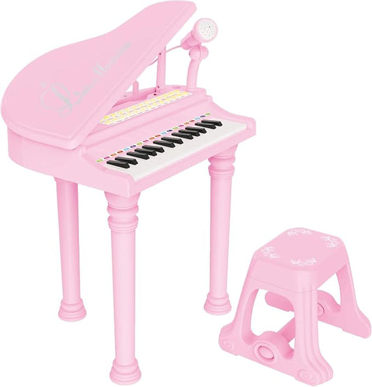 Losbenco Kids Piano Keyboard Toy, Toddler Electronic Musical Instrument Educational Toy with Microphone, Multiple Sounds, Record Playback, Lights & Stool, Birthday Gift for 3 4 5 6 7 Years Old Girls