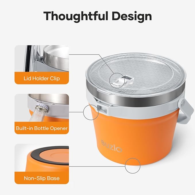 BUZIO 7 L Ice Bucket with Lid, Scoop, Tongs & Metal Stainless Steel 14 oz Cups, Keep Cold for 48 Hrs, Double Wall Vacuum Insulated Large Beer Bucket for Parties Cocktail Bar, Orange