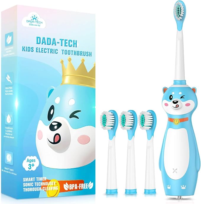 DADA-TECH Kids Electric Toothbrush Rechargeable, Sonic Silicone Teeth Brush with Timer for Children Boys Girls Ages 3+, 3 Modes with Memory, 4 Soft Brush Heads (Blue Shiba Inu Dog)
