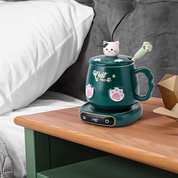 Bgbg Coffee Mug Warmer & Cute Cat Mug Set, Beverage Cup Warmer for Desk Home Office with Three Temperature Up to 140℉/ 60℃, Coffee Warmer for Cocoa Milk Tea Water Candle, 8 Hours Auto Shut Off
