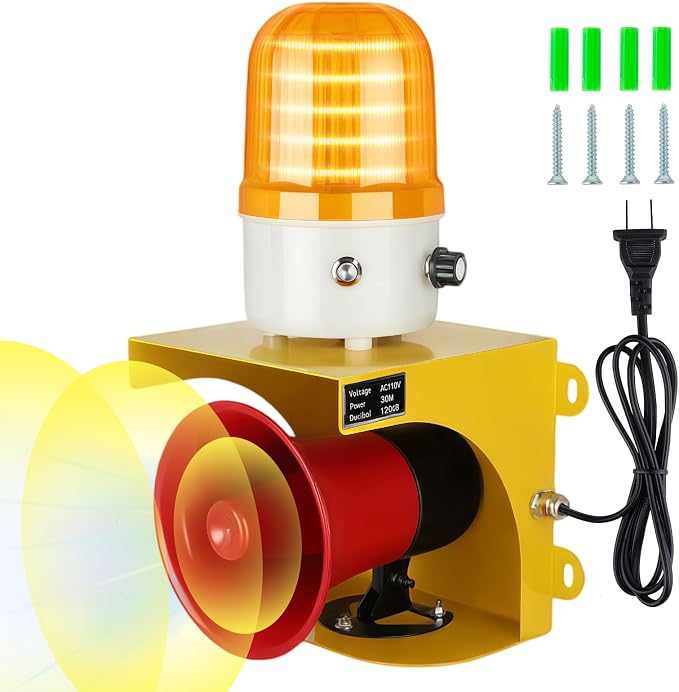 AC110V Industrial Siren Alarm Strobe Light-120dB Loud Horn&Waterproof Red Beacon Warning Light for Emergency,Factory,Fires,Tornado,Intruder Deterrent (AC110V Amber Light (Switch,0-120dB))