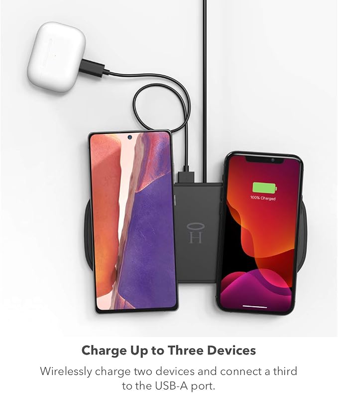 Halo Dual Wireless Charging Pad - Made for Apple Airpods, iPhone 12 Pro, 12 Pro Max, 12 Mini, iPhone 11, 11 Pro, 11 Pro Max and Samsung Other Qi-Enabled Devices - Moody Blue