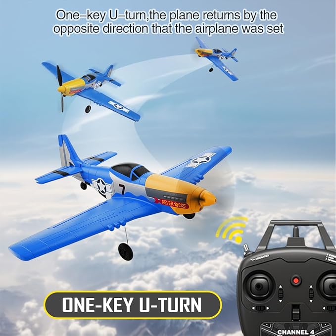 P51D RC Plane 4CH 2.4GHz RTF Remote Control Airplane P-51 Mustang Fighter Glider Aircraft Ready to Fly Radio Controlled Drone Hobby Plane with 6-Gyro Xpilot Stabilization System for Beginners Trainer